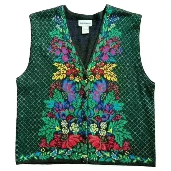 Vintage Suburbans Black Floral Cottagecore Grannycore Knit Vest Size L - Picture 1 of 6